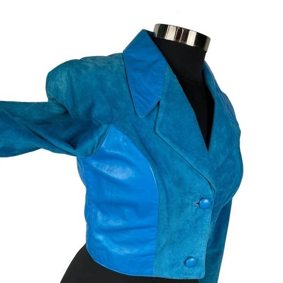 MICHAEL HOBAN NORTH BEACH VINTAGE 90S LEATHER BLUE CROP JACKET SKIRT SET SUIT - Picture 12 of 16